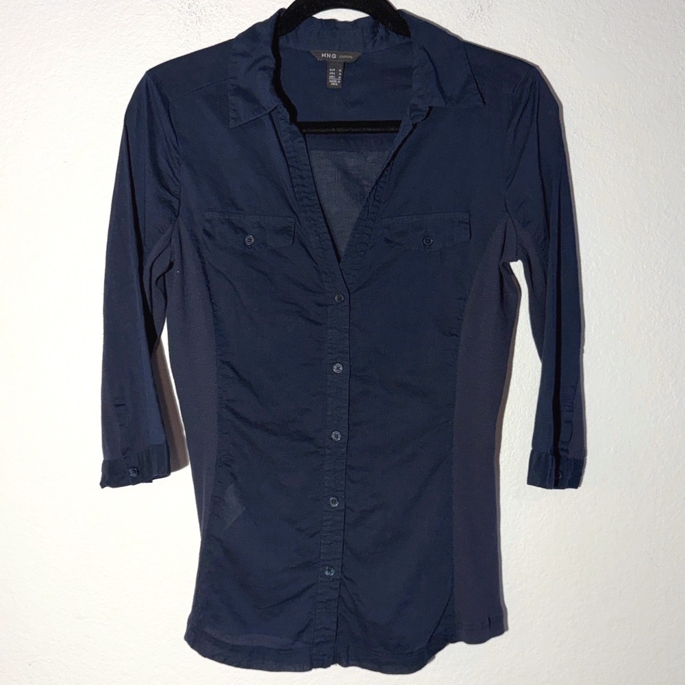 MNG Casual Mango Navy Blue Button Down Shirt Ribbed Side Panels Size S Small